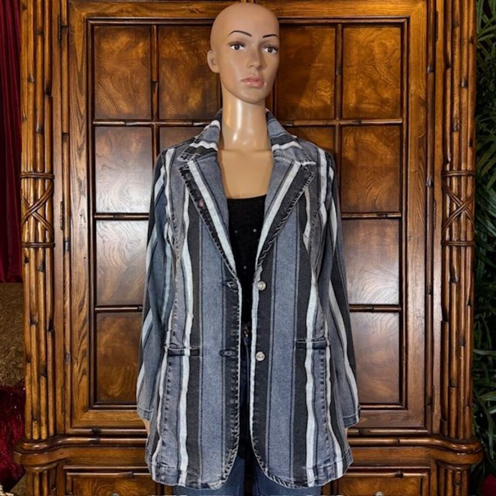 DG2 Multi Wash Stripe Stretch Cotton Blend Denim Blazer - Picture 1 of 12